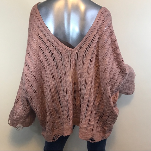 POL Women's Large Oversized Sweater Double V Neck Boxy Distressed Detail Pink - Picture 13 of 13